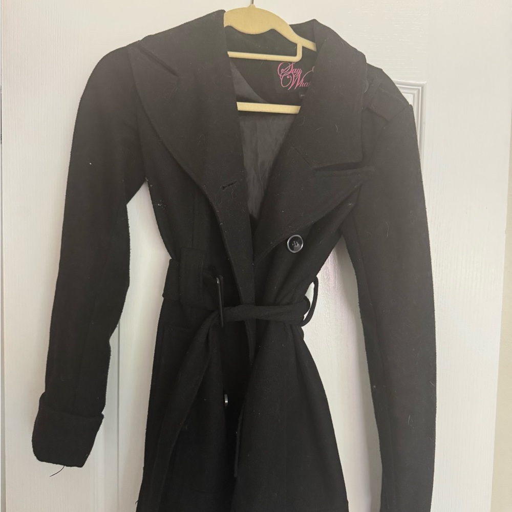 Say What? Black Trench Coat with Belted Waist and Lapel Collar